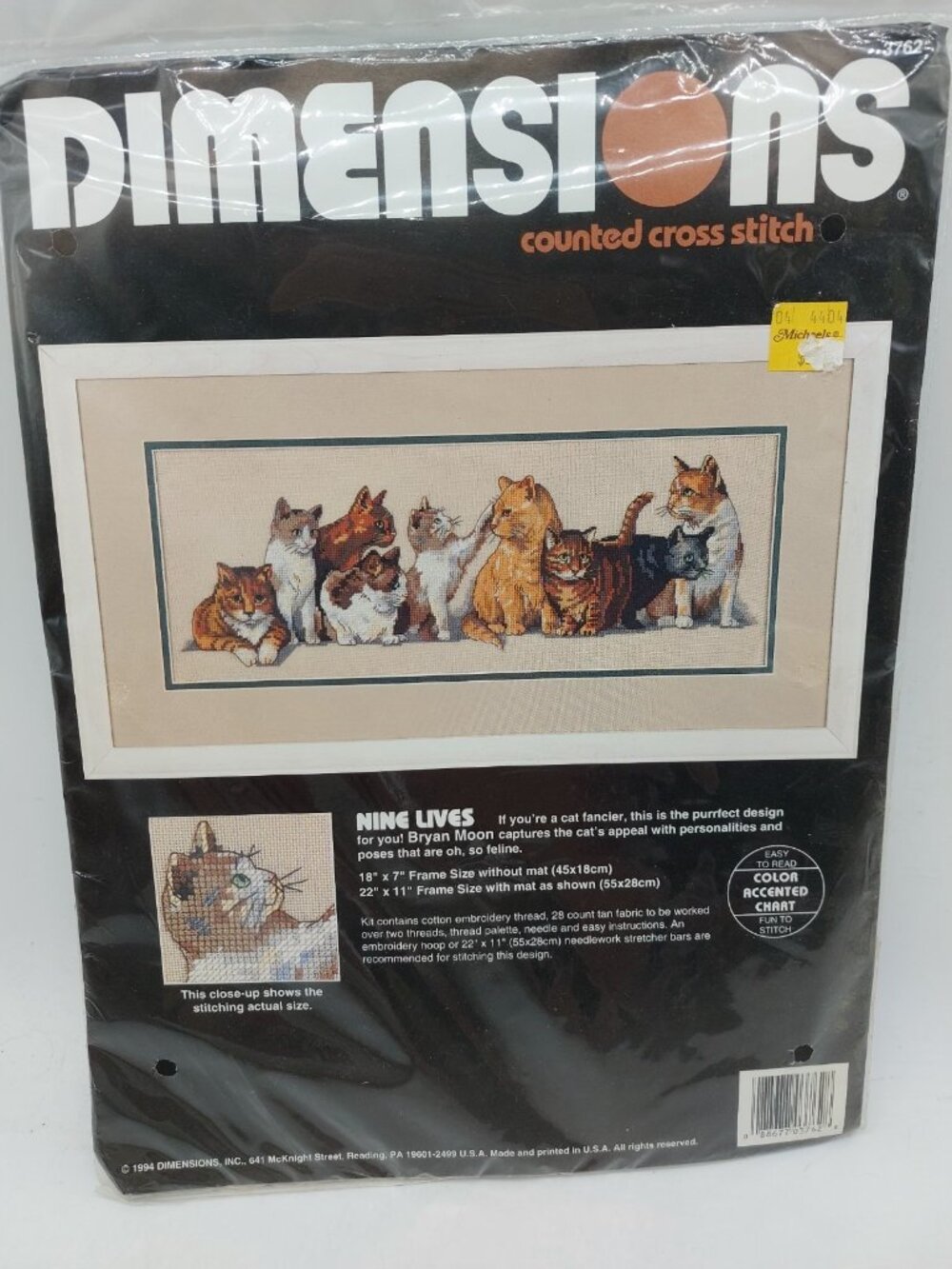 Dimensions Counted Cross Stitch Kit 3762 NINE LIVES by Bryan Moon 1994 NOS